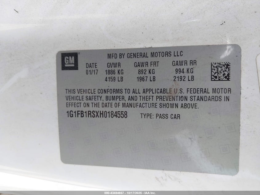 2017 CHEVROLET CAMARO 1LT 1G1FB1RSXH0184558