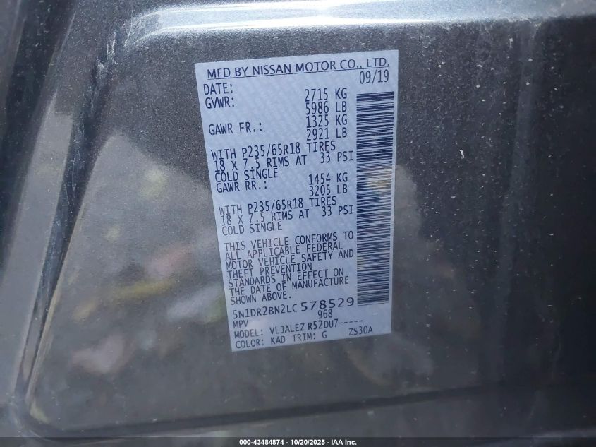 2020 NISSAN PATHFINDER SV 2WD 5N1DR2BN2LC578529