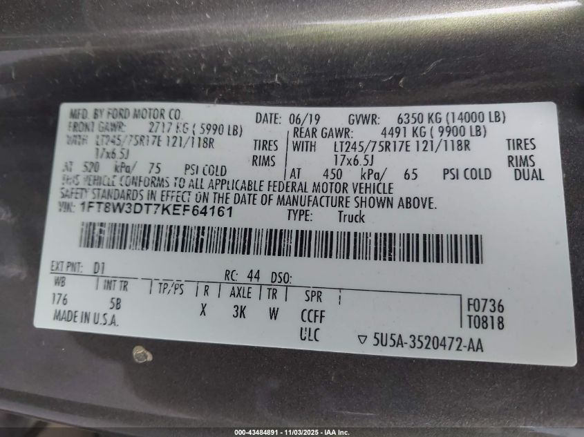 2019 Ford F-350 Lariat VIN: 1FT8W3DT7KEF64161 Lot: 43484891