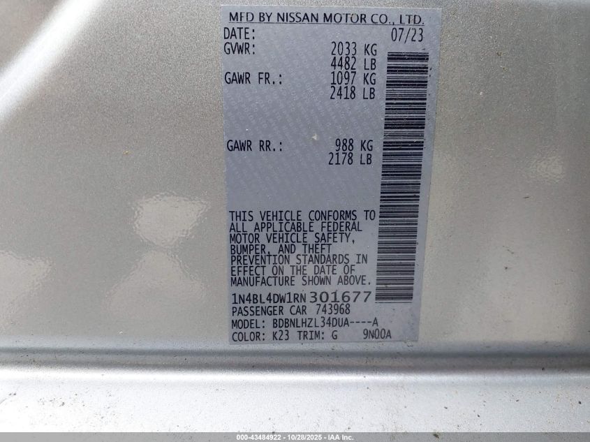 2024 Nissan Altima Sv Intelligent Awd VIN: 1N4BL4DW1RN301677 Lot: 43484922