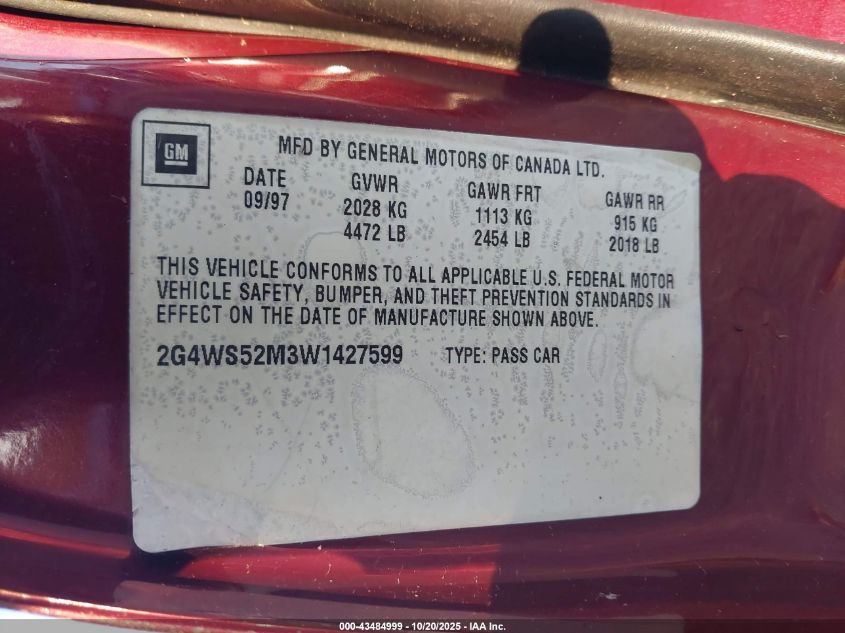 1998 Buick Century Custom VIN: 2G4WS52M3W1427599 Lot: 43484999