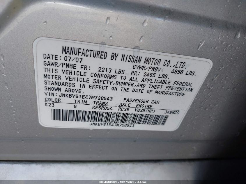 2007 Infiniti G35 Journey VIN: JNKBV61E47M728543 Lot: 43485029