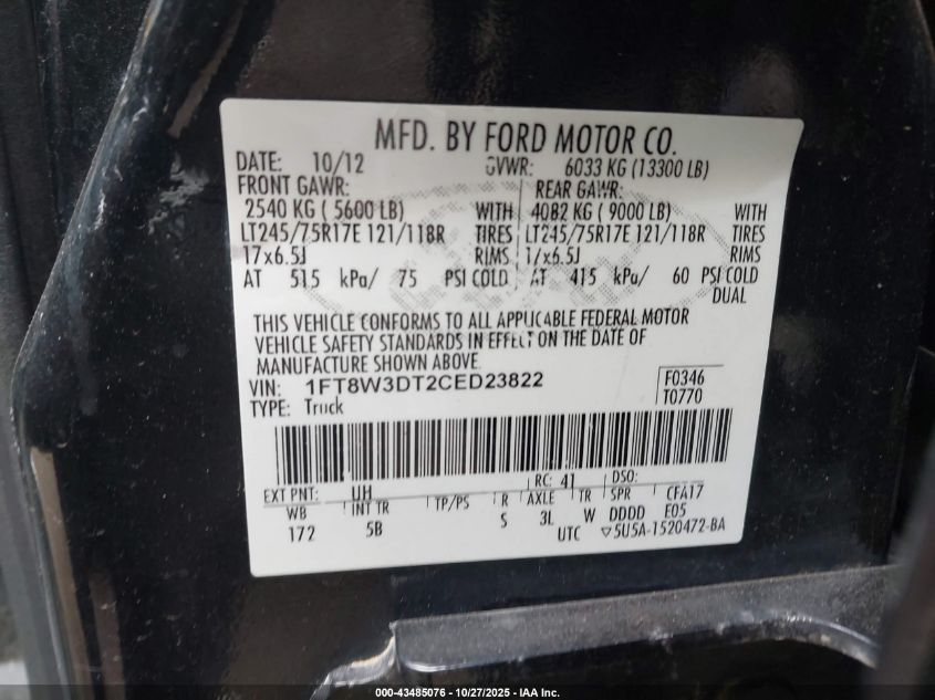 2012 Ford F-350 Lariat VIN: 1FT8W3DT2CED23822 Lot: 43485076