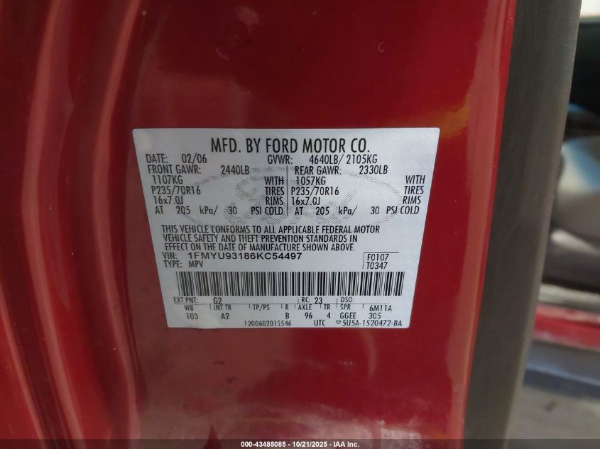 2006 Ford Escape Xlt/Xlt Sport VIN: 1FMYU93186KC54497 Lot: 43485085