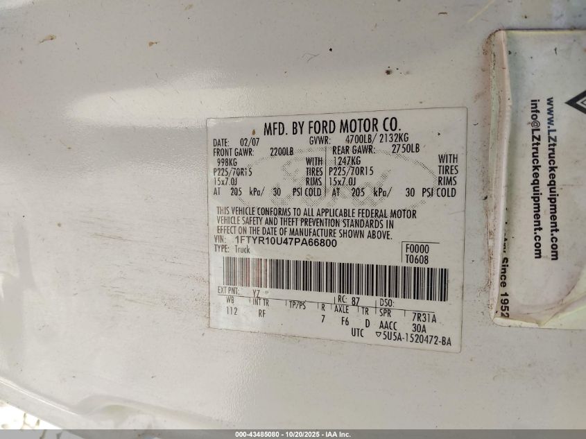 2007 Ford Ranger Sport/Stx/Xl/Xlt VIN: 1FTYR10U47PA66800 Lot: 43485080