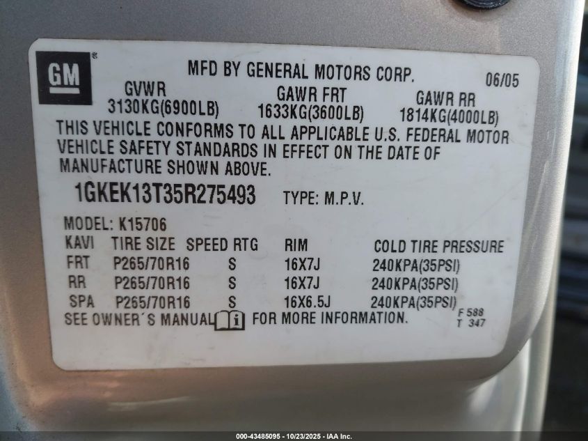 2005 GMC Yukon Slt VIN: 1GKEK13T35R275493 Lot: 43485095
