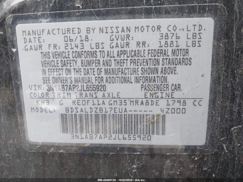 2018 NISSAN SENTRA SV 3N1AB7AP2JL655920