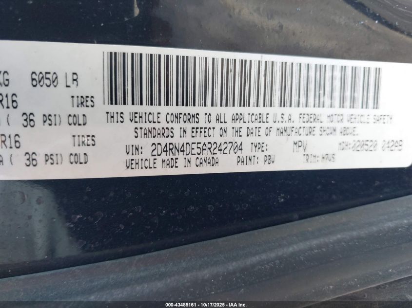 2010 Dodge Grand Caravan Se VIN: 2D4RN4DE5AR242704 Lot: 43485161