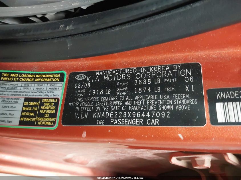 2009 Kia Rio Lx VIN: KNADE223X96447092 Lot: 43485187