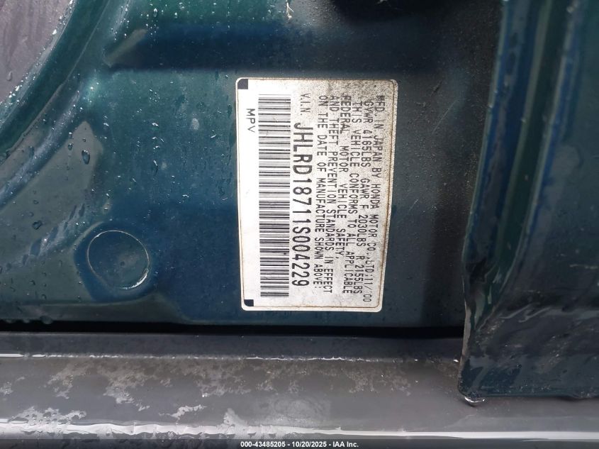 2001 Honda Cr-V Special Edition VIN: JHLRD18711S004229 Lot: 43485205