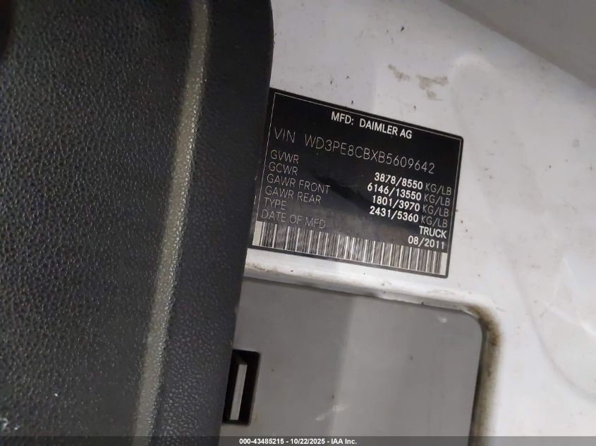 2011 Mercedes-Benz Sprinter 2500 High Roof VIN: WD3PE8CBXB5609642 Lot: 43485215