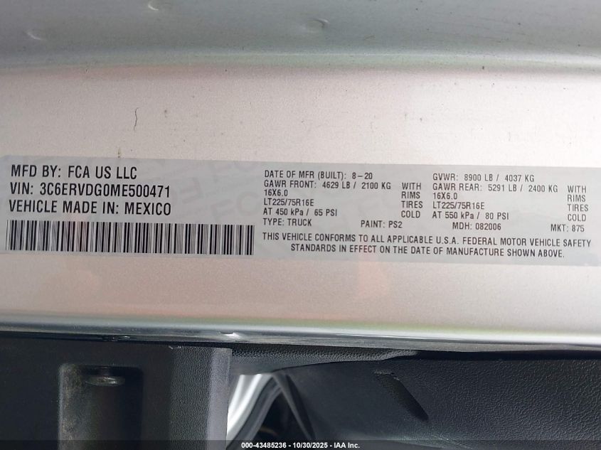 2021 Ram Promaster 2500 High Roof 159 Wb VIN: 3C6ERVDG0ME500471 Lot: 43485236
