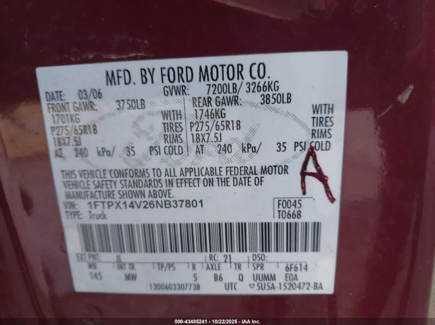 2006 Ford F-150 Fx4/Lariat/Xl/Xlt VIN: 1FTPX14V26NB37801 Lot: 43485241
