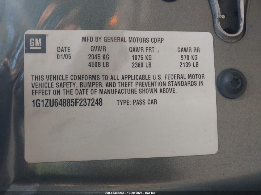 2005 Chevrolet Malibu Maxx Lt VIN: 1G1ZU64885F237248 Lot: 43485245