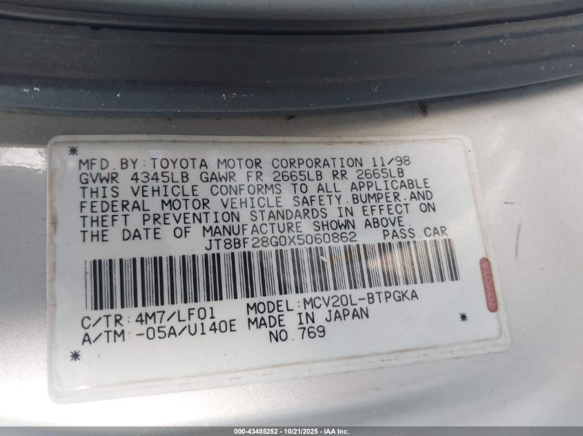 1999 Lexus Es 300 VIN: JT8BF28G0X5060862 Lot: 43485252