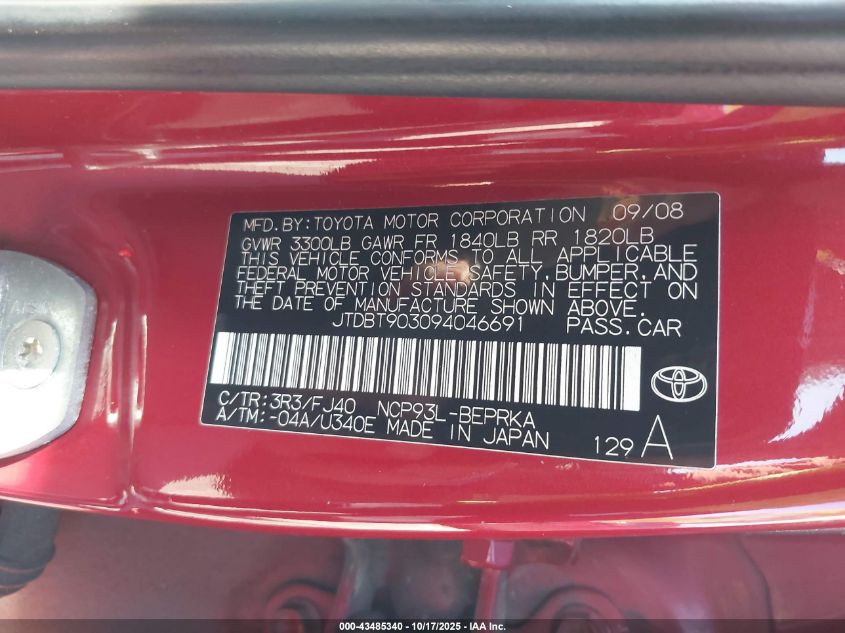 2009 Toyota Yaris VIN: JTDBT903094046691 Lot: 43485340