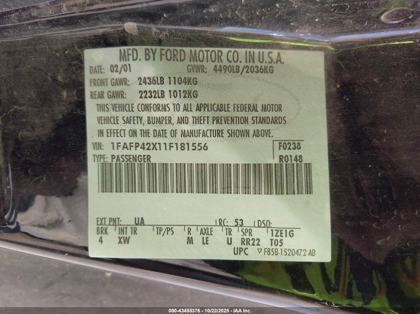 2001 Ford Mustang Gt VIN: 1FAFP42X11F181556 Lot: 43485376