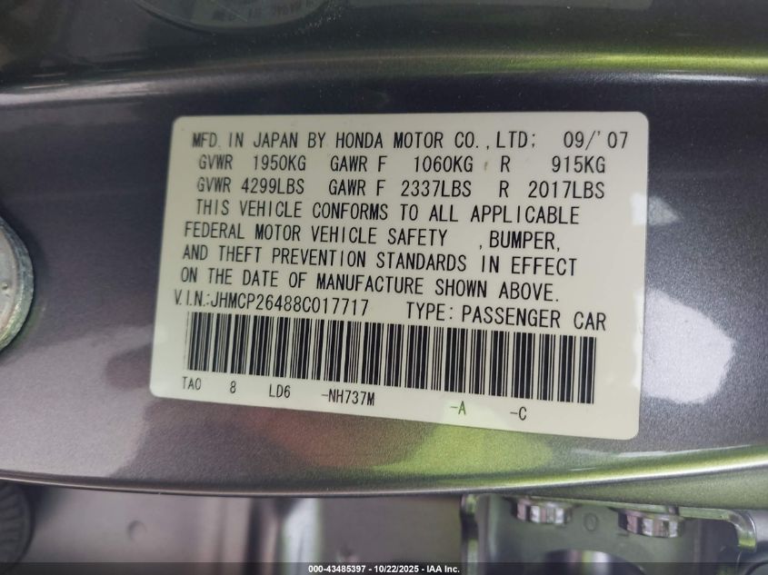 2008 Honda Accord 2.4 Lx-P VIN: JHMCP26488C017717 Lot: 43485397