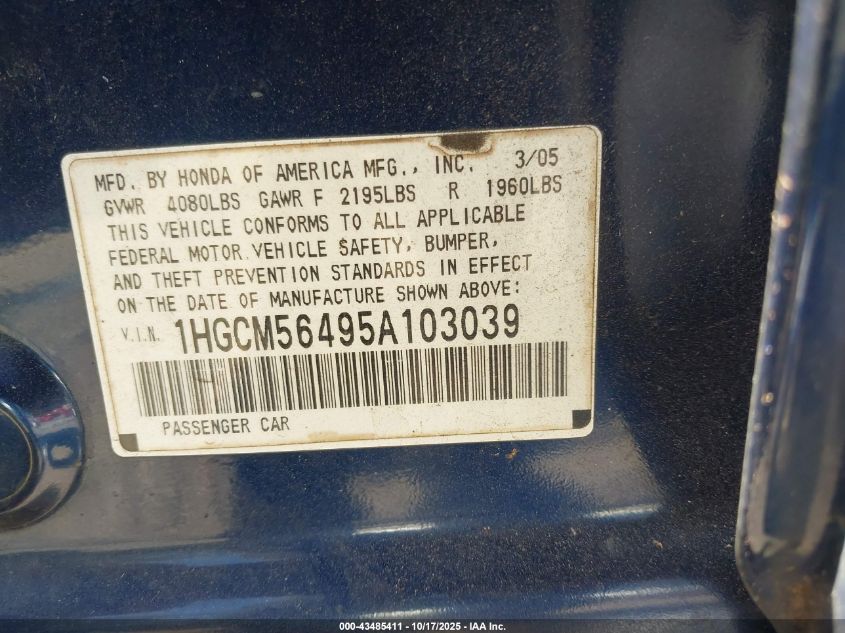 2005 Honda Accord 2.4 Lx VIN: 1HGCM56495A103039 Lot: 43485411