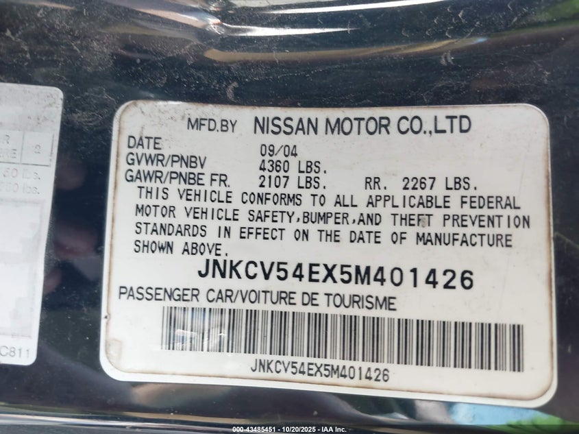 2005 Infiniti G35 VIN: JNKCV54EX5M401426 Lot: 43485451