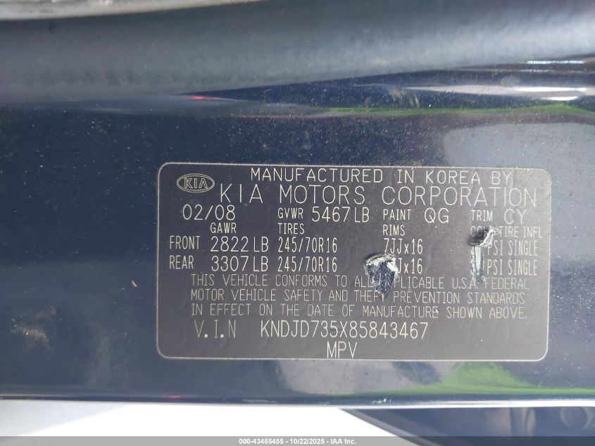 2008 Kia Sorento Lx VIN: KNDJD735X85843467 Lot: 43485455