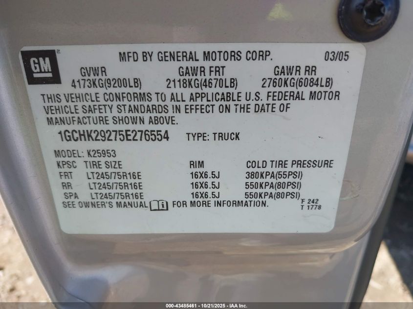 2005 Chevrolet Silverado 2500Hd Lt VIN: 1GCHK29275E276554 Lot: 43485461