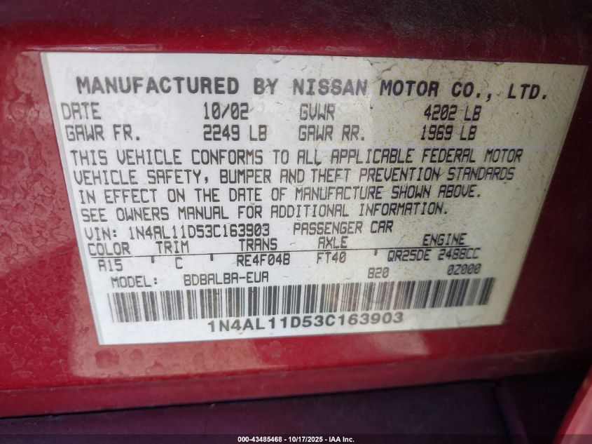 2003 Nissan Altima 2.5 S VIN: 1N4AL11D53C163903 Lot: 43485468