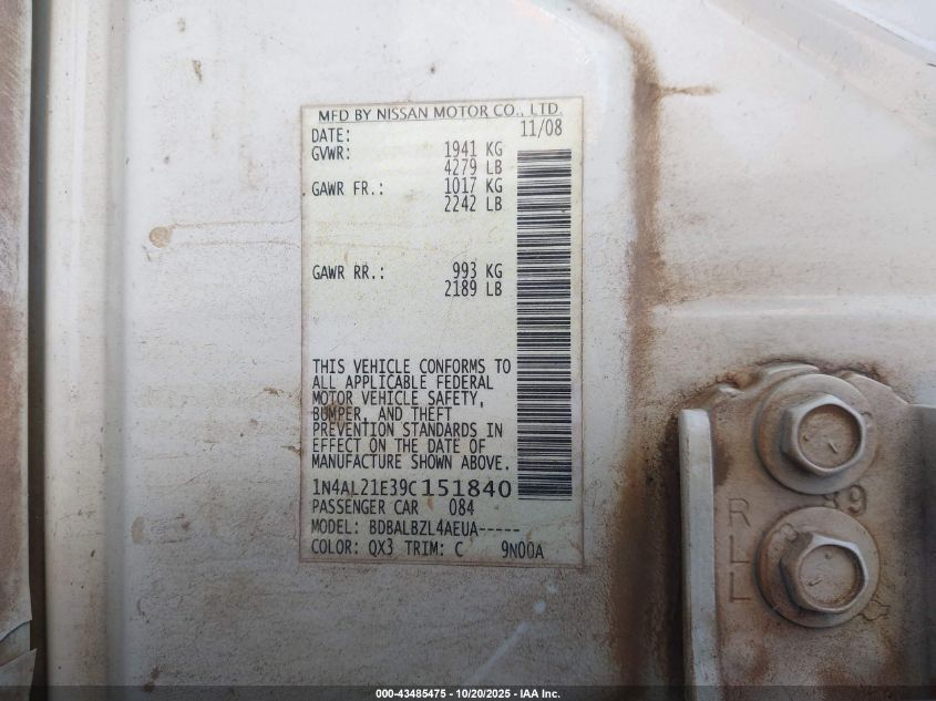 2009 Nissan Altima 2.5 S VIN: 1N4AL21E39C151840 Lot: 43485475