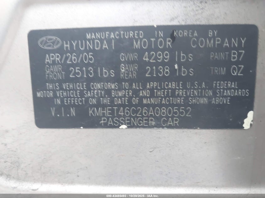 KMHET46C26A080552 2006 HYUNDAI SONATA photo no. 9