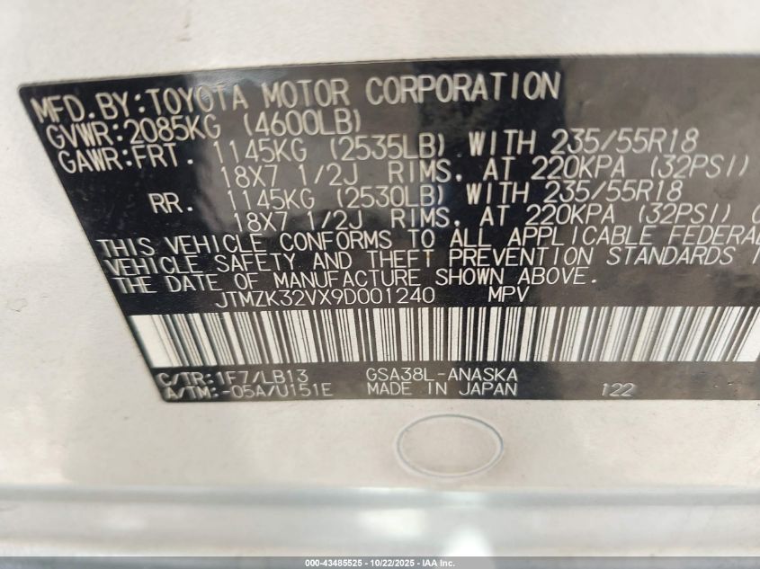 2009 Toyota Rav4 Sport V6 VIN: JTMZK32VX9D001240 Lot: 43485525