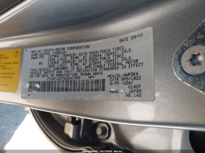 2002 Lexus Rx 300 VIN: JTJHF10U720240883 Lot: 43485553