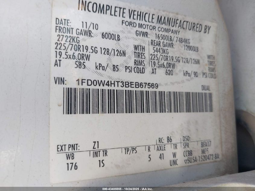 2011 Ford F-450 Chassis Xl VIN: 1FD0W4HT3BEB67569 Lot: 43485555