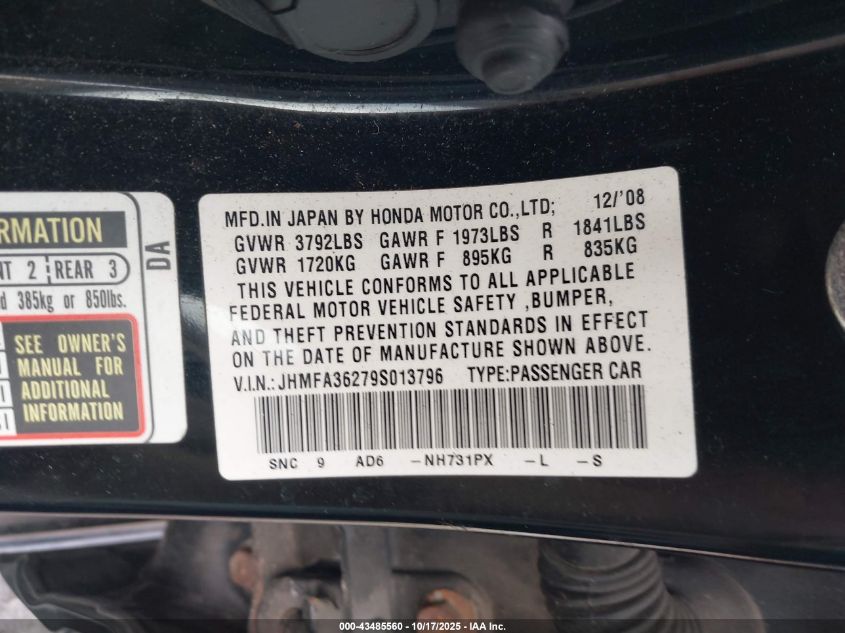 2009 Honda Civic Hybrid VIN: JHMFA36279S013796 Lot: 43485560