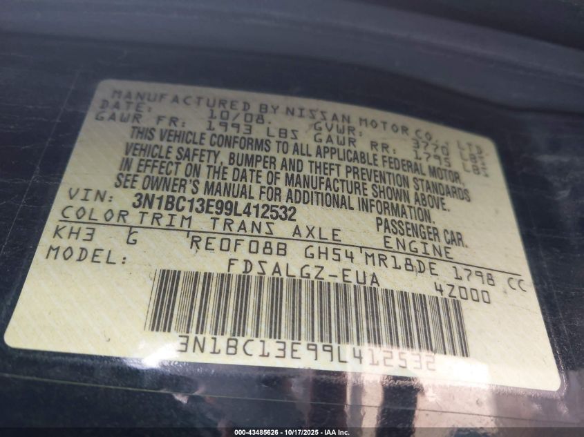 2009 Nissan Versa 1.8Sl VIN: 3N1BC13E99L412532 Lot: 43485626