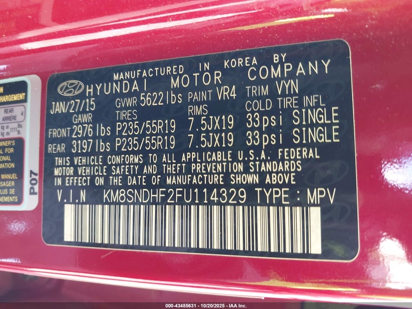 2015 HYUNDAI SANTA FE LIMITED KM8SNDHF2FU114329