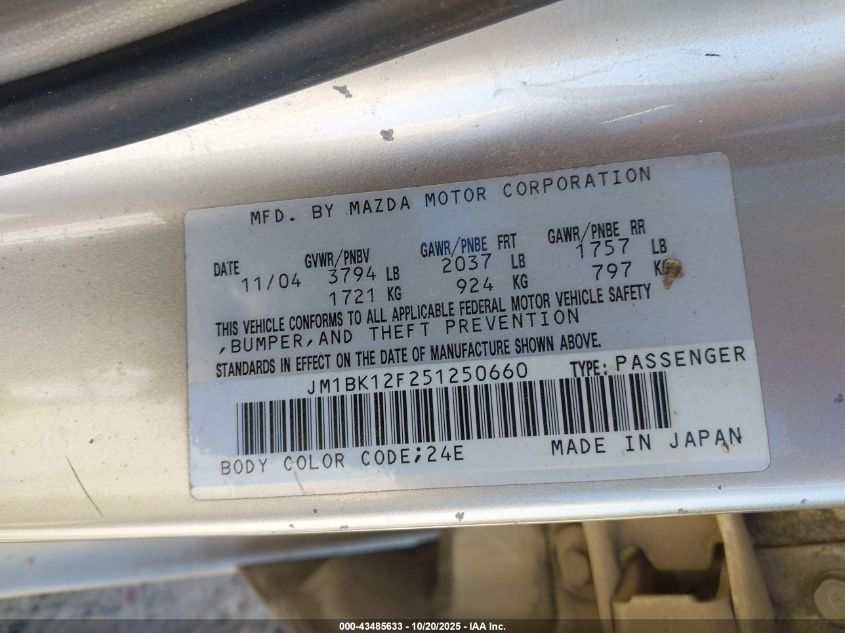2005 Mazda Mazda3 I VIN: JM1BK12F251250660 Lot: 43485633