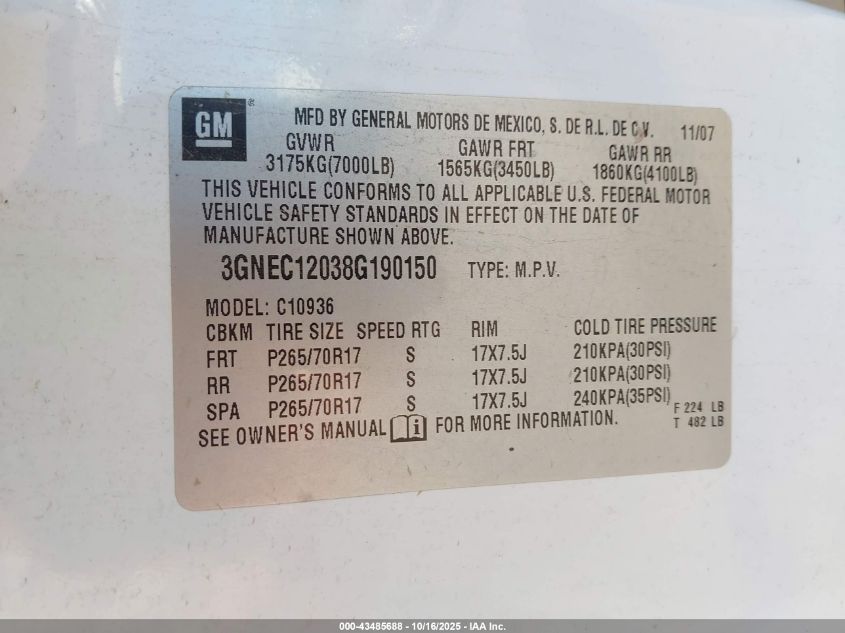 2008 Chevrolet Avalanche 1500 Lt VIN: 3GNEC12038G190150 Lot: 43485688