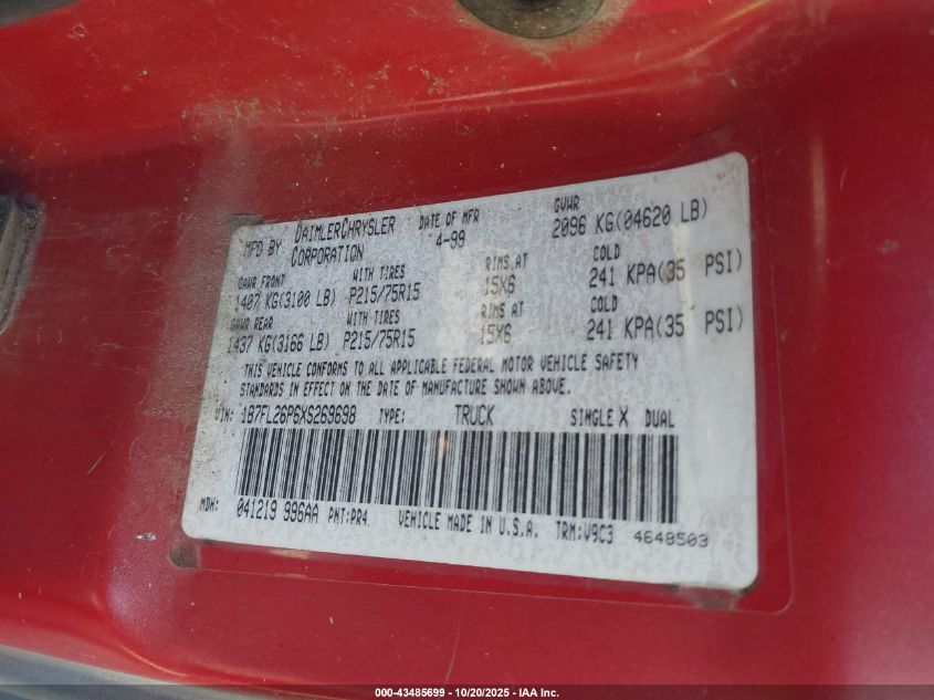 1999 Dodge Dakota Sport VIN: 1B7FL26P6XS269698 Lot: 43485699