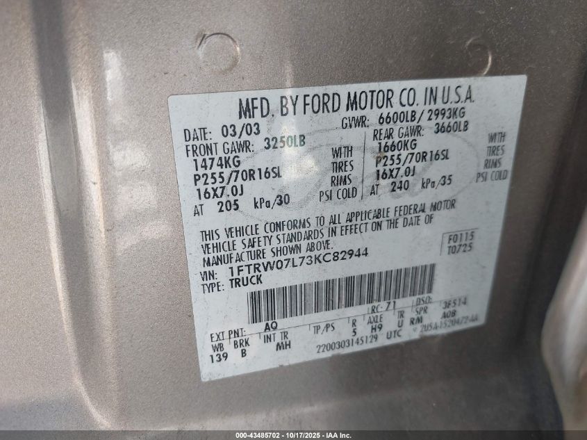 2003 Ford F-150 Lariat/Xlt VIN: 1FTRW07L73KC82944 Lot: 43485702