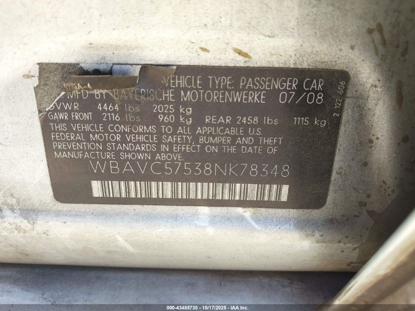 2008 BMW 328I VIN: WBAVC57538NK78348 Lot: 43485730