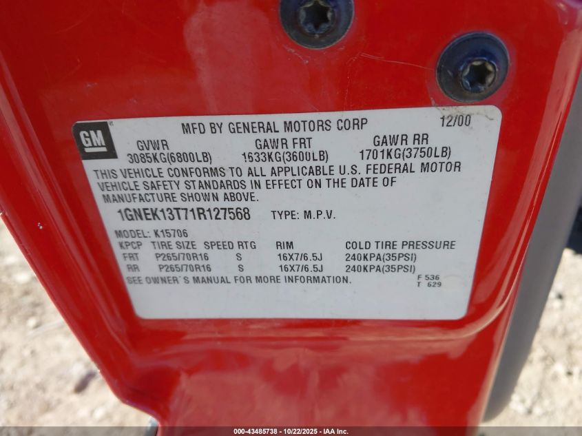 2001 Chevrolet Tahoe Lt VIN: 1GNEK13T71R127568 Lot: 43485738