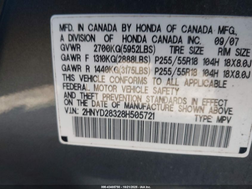 2008 Acura Mdx Technology Package VIN: 2HNYD28328H505721 Lot: 43485750