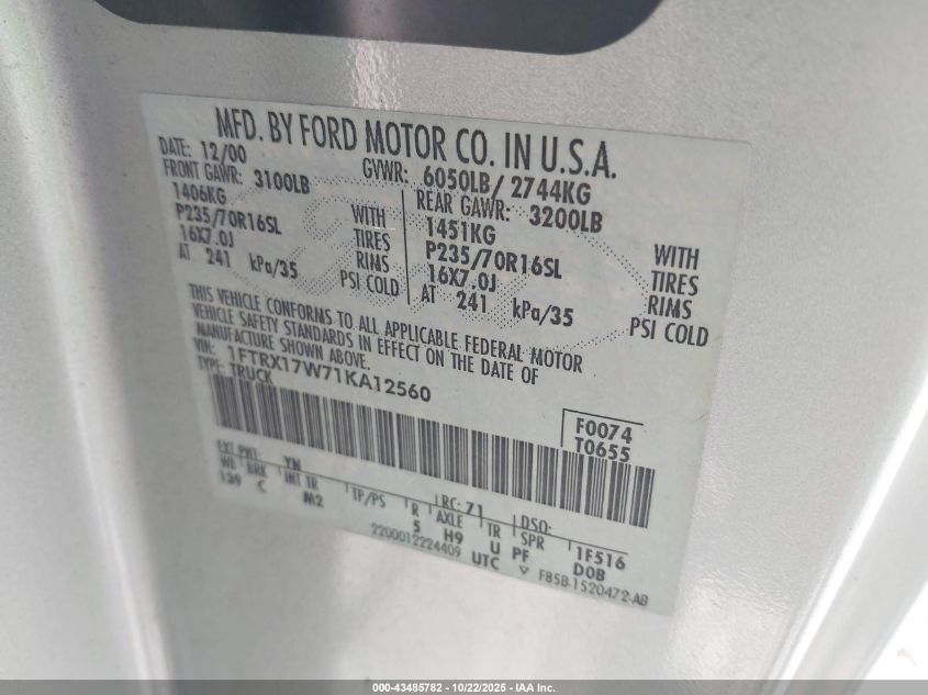 2001 Ford F-150 Lariat/Xl/Xlt VIN: 1FTRX17W71KA12560 Lot: 43485782