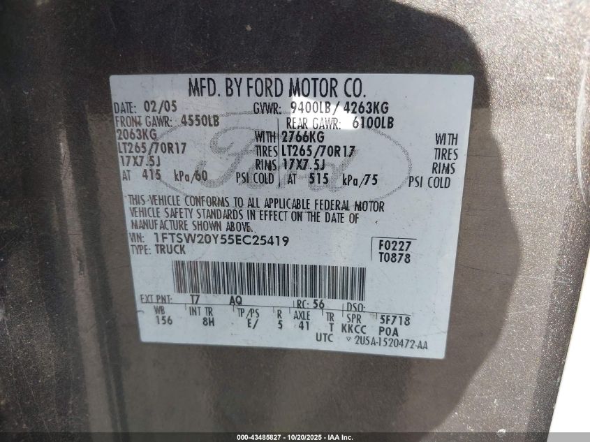 2005 Ford F-250 Lariat/Xl/Xlt VIN: 1FTSW20Y55EC25419 Lot: 43485827