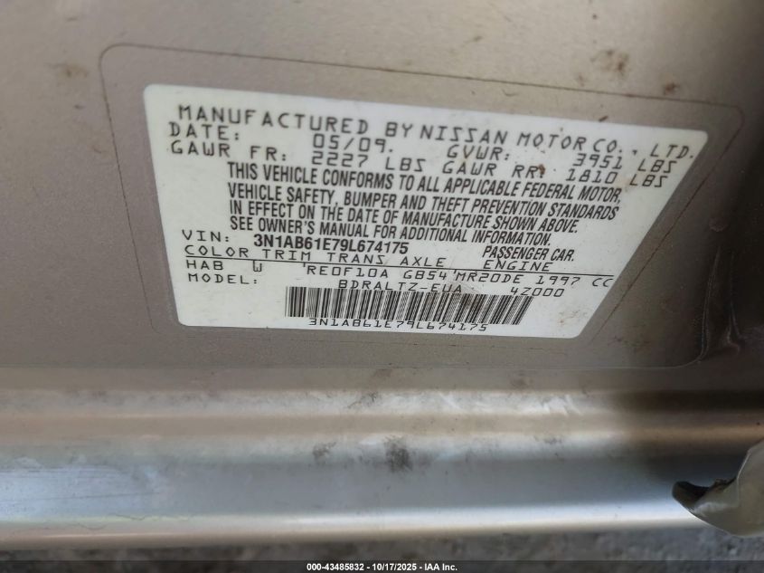 2009 Nissan Sentra 2.0S VIN: 3N1AB61E79L674175 Lot: 43485832
