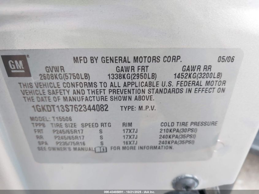 2006 GMC Envoy Sle VIN: 1GKDT13S762344082 Lot: 43485891
