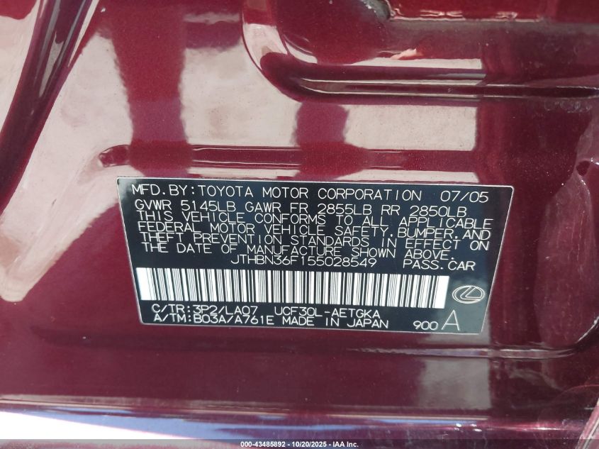2005 Lexus Ls 430 VIN: JTHBN36F155028549 Lot: 43485892