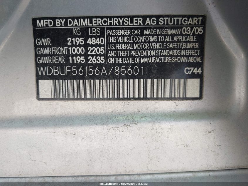 2006 Mercedes-Benz E 350 VIN: WDBUF56J56A785601 Lot: 43485895