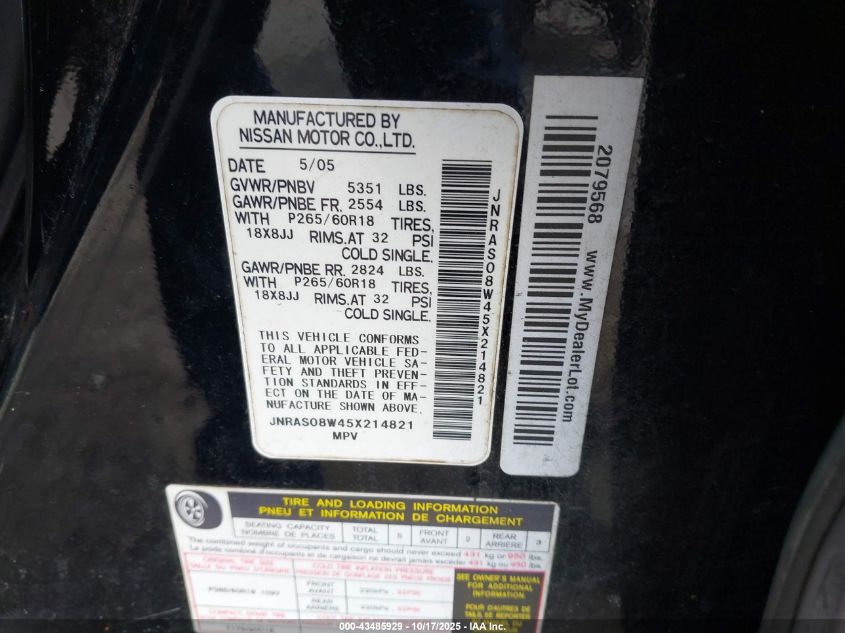 2005 Infiniti Fx35 VIN: JNRAS08W45X214821 Lot: 43485929