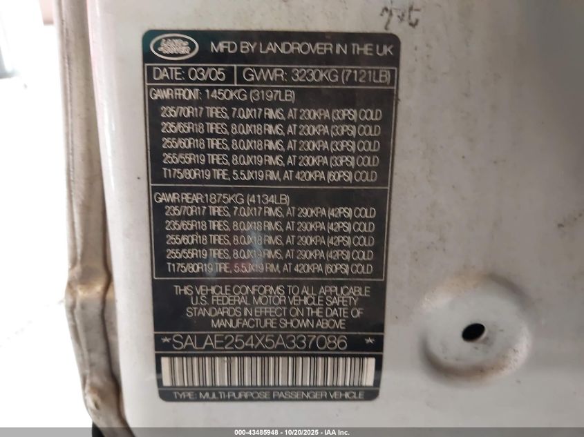 2005 Land Rover Lr3 Se VIN: SALAE254X5A337086 Lot: 43485948